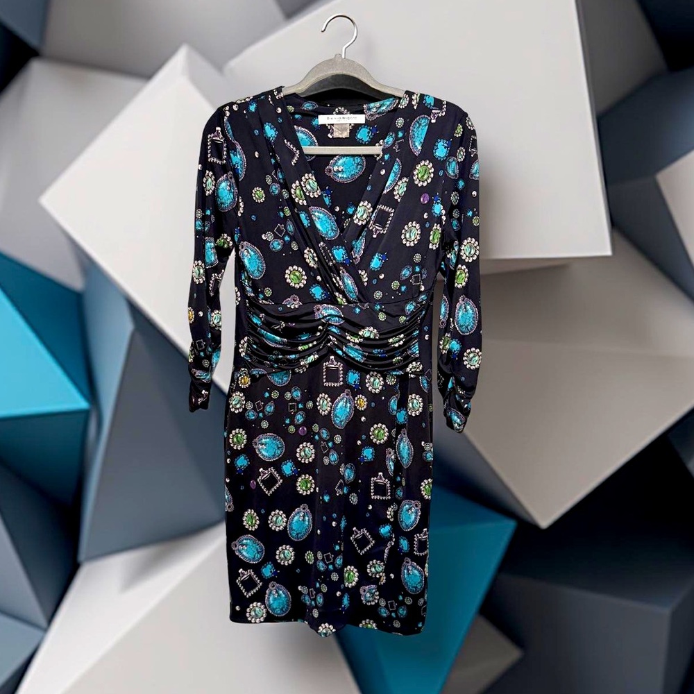 Bianco Nygard EUC Sz 6P Black Blues Jewelry Patterned Long Sleeve Dress (0574)